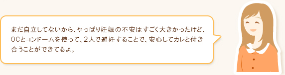 まだ自立してないから、やっぱり妊娠の不安はすごく大きかったけど、OCとコンドームを使って、２人で避妊することで、安心してカレと付き合うことができてるよ。