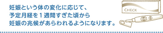 妊娠という体の変化に応じて、予定月経を1週間すぎた頃から妊娠の兆候があらわれるようになります。